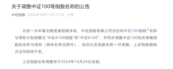 大牛网配资 中证指数最新发布！中证100更名为中证A100